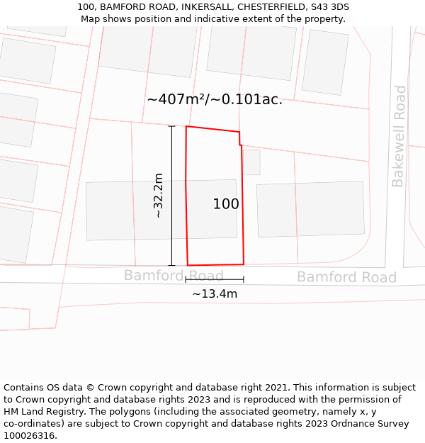 100, BAMFORD ROAD, INKERSALL, CHESTERFIELD, S43 3DS: Plot and title map