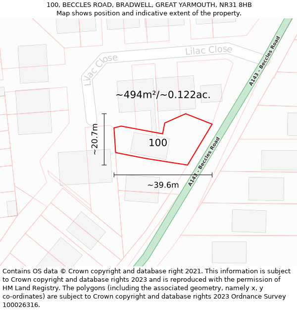 100, BECCLES ROAD, BRADWELL, GREAT YARMOUTH, NR31 8HB: Plot and title map