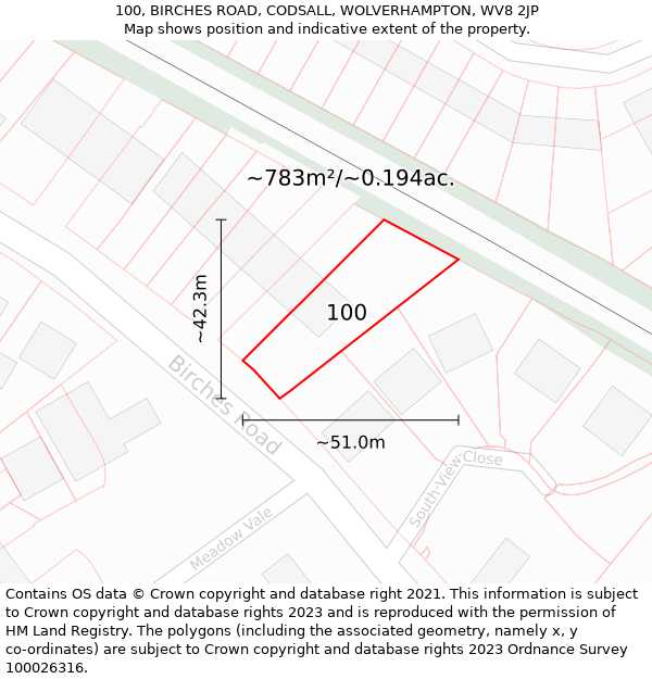 100, BIRCHES ROAD, CODSALL, WOLVERHAMPTON, WV8 2JP: Plot and title map