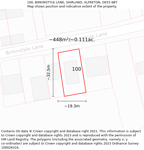 100, BIRKINSTYLE LANE, SHIRLAND, ALFRETON, DE55 6BT: Plot and title map