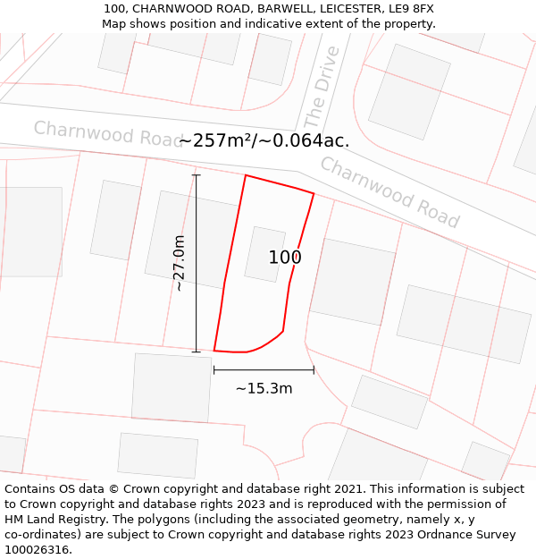 100, CHARNWOOD ROAD, BARWELL, LEICESTER, LE9 8FX: Plot and title map