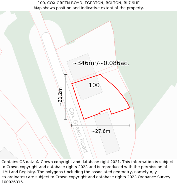 100, COX GREEN ROAD, EGERTON, BOLTON, BL7 9HE: Plot and title map