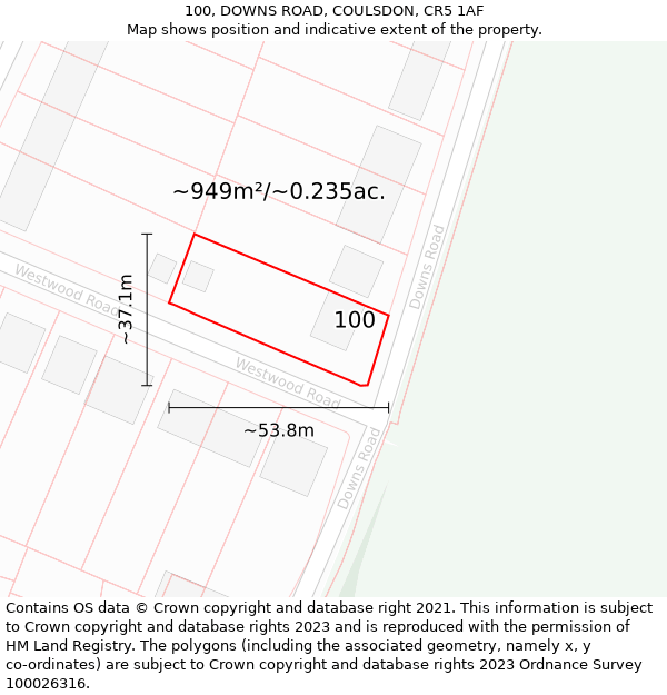 100, DOWNS ROAD, COULSDON, CR5 1AF: Plot and title map