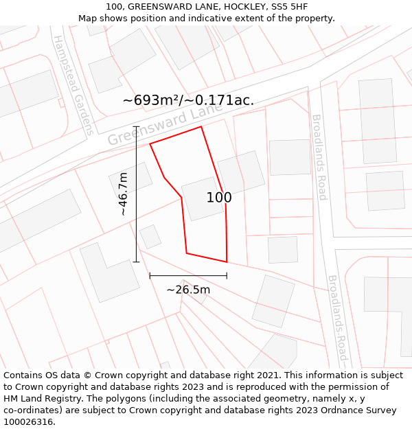 100, GREENSWARD LANE, HOCKLEY, SS5 5HF: Plot and title map