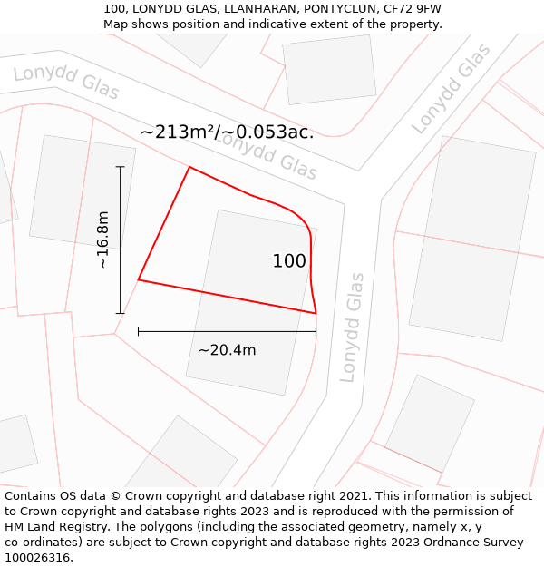 100, LONYDD GLAS, LLANHARAN, PONTYCLUN, CF72 9FW: Plot and title map