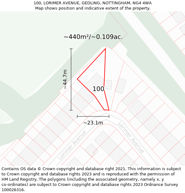 100, LORIMER AVENUE, GEDLING, NOTTINGHAM, NG4 4WA: Plot and title map