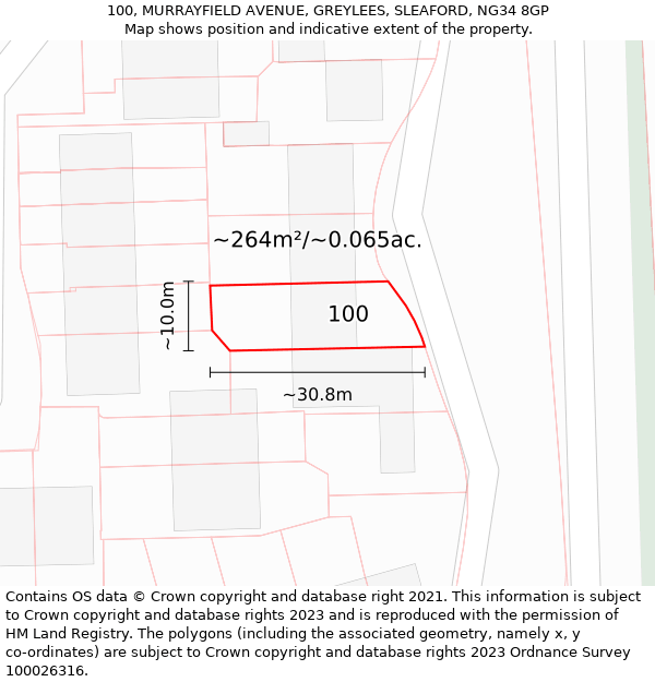 100, MURRAYFIELD AVENUE, GREYLEES, SLEAFORD, NG34 8GP: Plot and title map