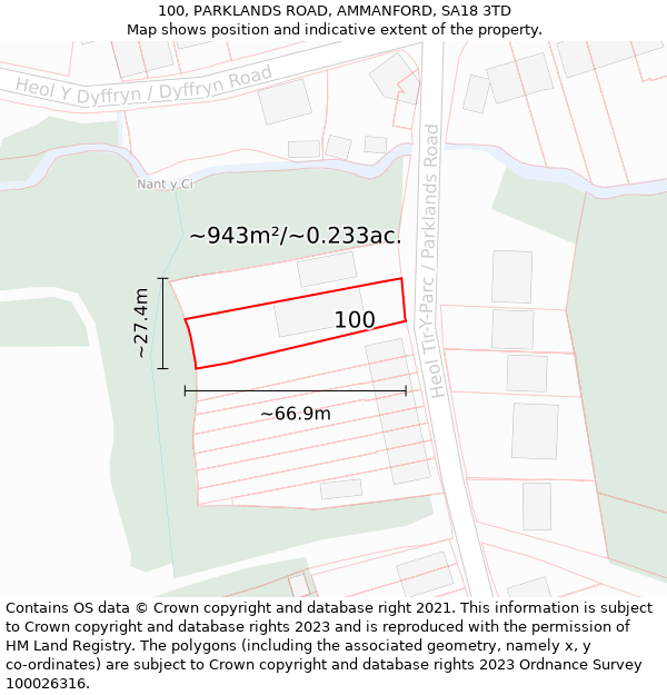 100, PARKLANDS ROAD, AMMANFORD, SA18 3TD: Plot and title map