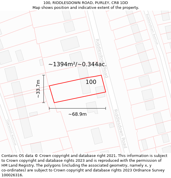 100, RIDDLESDOWN ROAD, PURLEY, CR8 1DD: Plot and title map