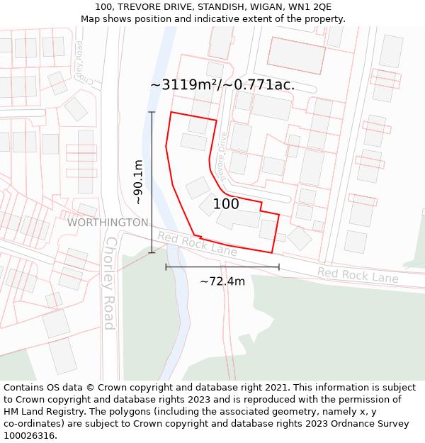 100, TREVORE DRIVE, STANDISH, WIGAN, WN1 2QE: Plot and title map