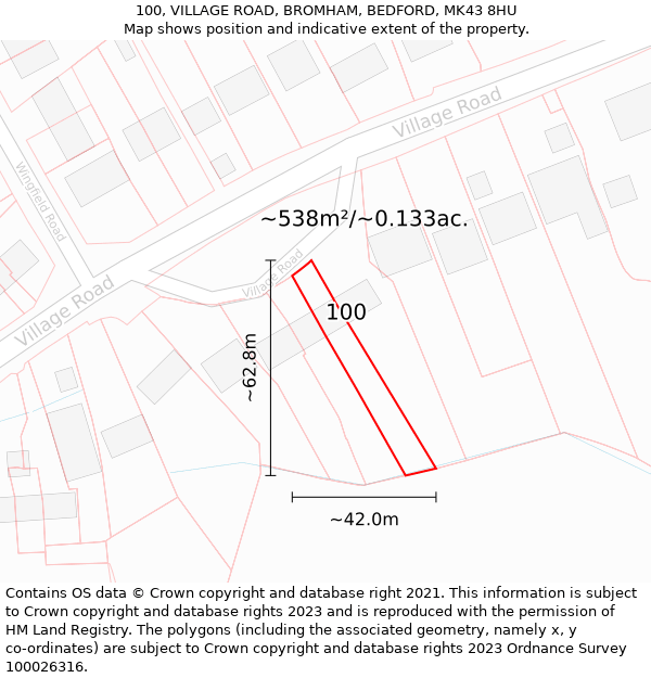 100, VILLAGE ROAD, BROMHAM, BEDFORD, MK43 8HU: Plot and title map