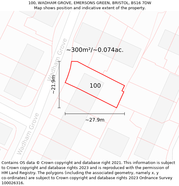 100, WADHAM GROVE, EMERSONS GREEN, BRISTOL, BS16 7DW: Plot and title map