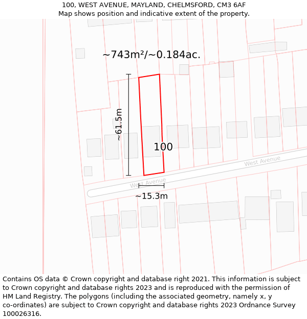 100, WEST AVENUE, MAYLAND, CHELMSFORD, CM3 6AF: Plot and title map