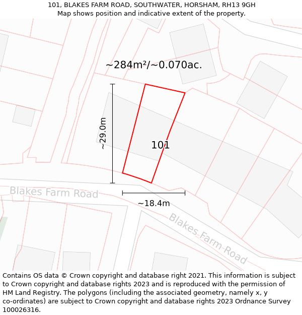 101, BLAKES FARM ROAD, SOUTHWATER, HORSHAM, RH13 9GH: Plot and title map