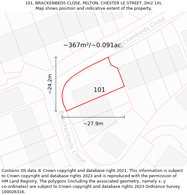 101, BRACKENBEDS CLOSE, PELTON, CHESTER LE STREET, DH2 1XL: Plot and title map