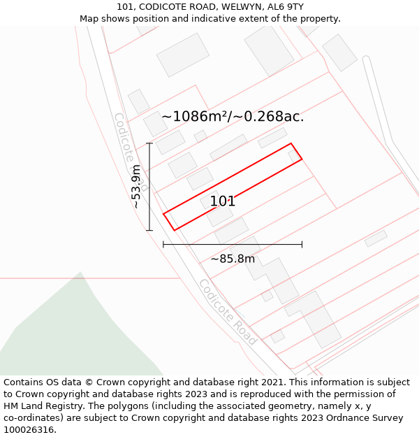 101, CODICOTE ROAD, WELWYN, AL6 9TY: Plot and title map