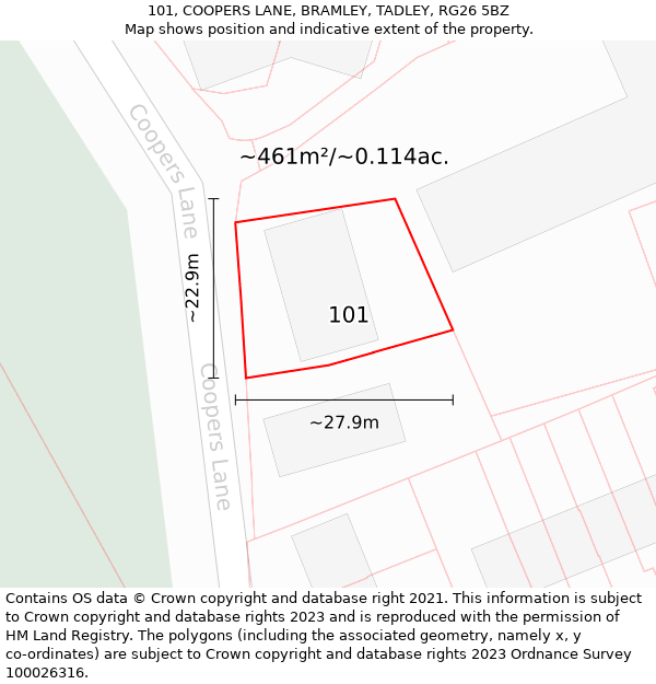 101, COOPERS LANE, BRAMLEY, TADLEY, RG26 5BZ: Plot and title map