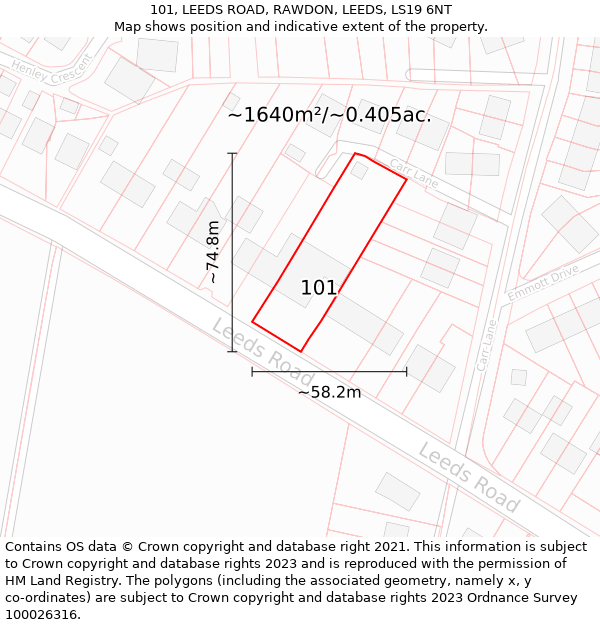 101, LEEDS ROAD, RAWDON, LEEDS, LS19 6NT: Plot and title map