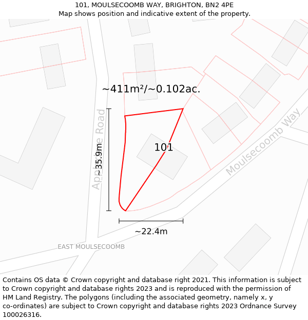 101, MOULSECOOMB WAY, BRIGHTON, BN2 4PE: Plot and title map