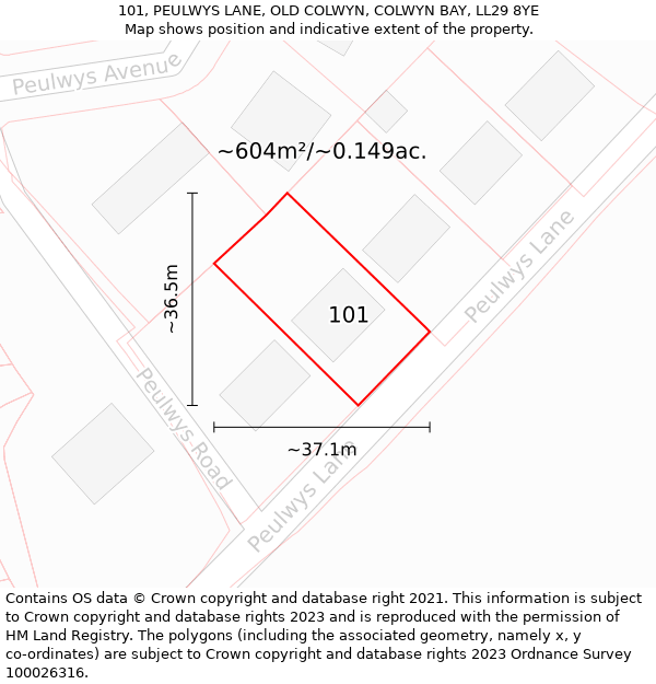 101, PEULWYS LANE, OLD COLWYN, COLWYN BAY, LL29 8YE: Plot and title map