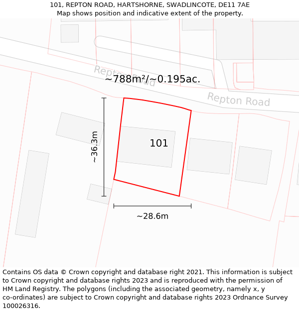 101, REPTON ROAD, HARTSHORNE, SWADLINCOTE, DE11 7AE: Plot and title map