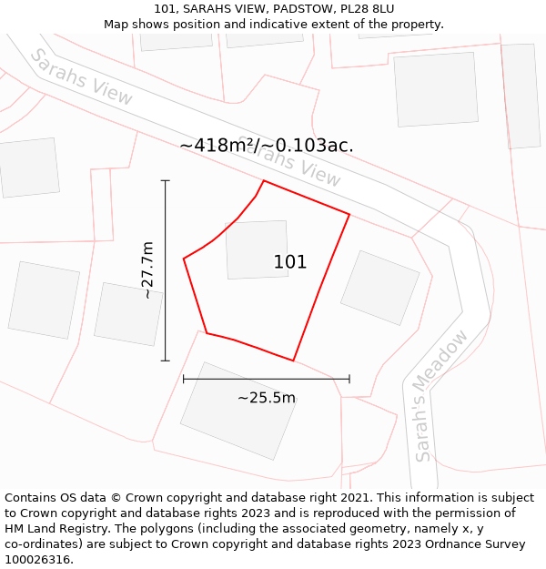 101, SARAHS VIEW, PADSTOW, PL28 8LU: Plot and title map