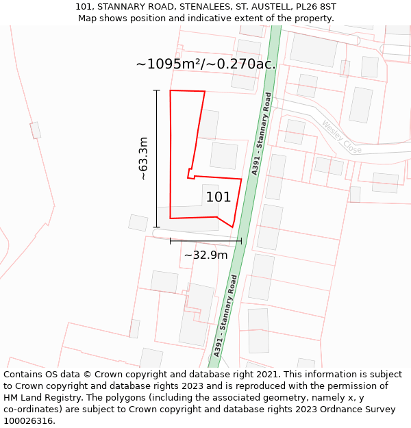 101, STANNARY ROAD, STENALEES, ST. AUSTELL, PL26 8ST: Plot and title map