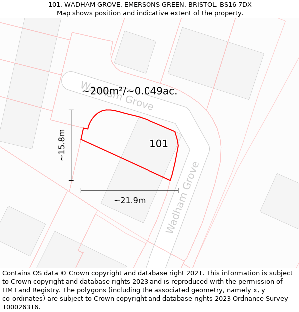 101, WADHAM GROVE, EMERSONS GREEN, BRISTOL, BS16 7DX: Plot and title map