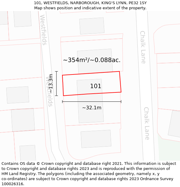 101, WESTFIELDS, NARBOROUGH, KING'S LYNN, PE32 1SY: Plot and title map