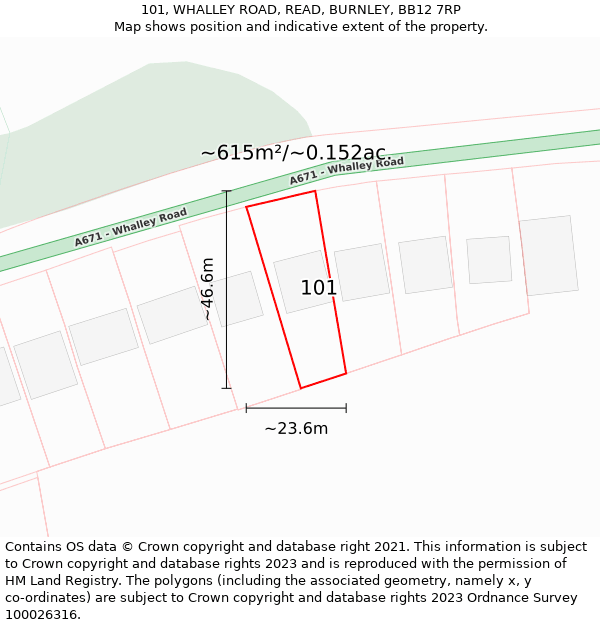 101, WHALLEY ROAD, READ, BURNLEY, BB12 7RP: Plot and title map