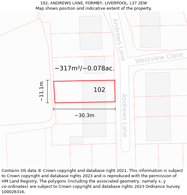 102, ANDREWS LANE, FORMBY, LIVERPOOL, L37 2EW: Plot and title map