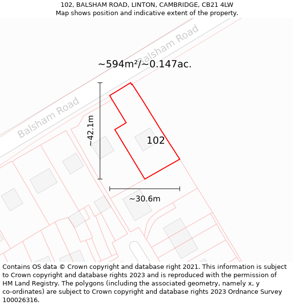 102, BALSHAM ROAD, LINTON, CAMBRIDGE, CB21 4LW: Plot and title map