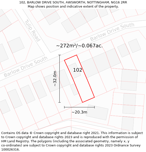 102, BARLOW DRIVE SOUTH, AWSWORTH, NOTTINGHAM, NG16 2RR: Plot and title map