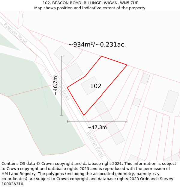 102, BEACON ROAD, BILLINGE, WIGAN, WN5 7HF: Plot and title map