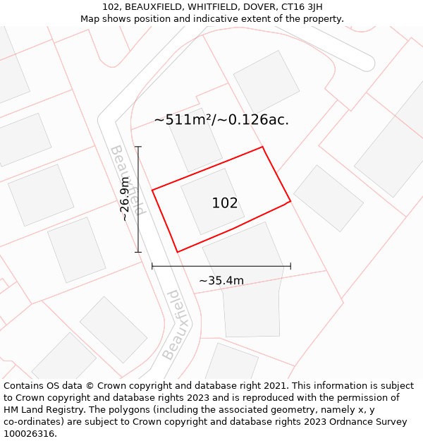 102, BEAUXFIELD, WHITFIELD, DOVER, CT16 3JH: Plot and title map