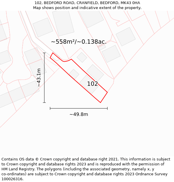 102, BEDFORD ROAD, CRANFIELD, BEDFORD, MK43 0HA: Plot and title map