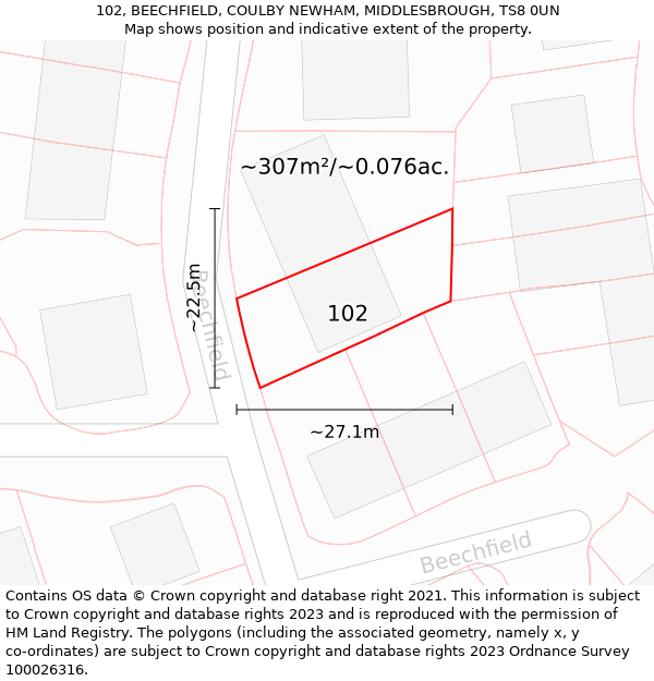 102, BEECHFIELD, COULBY NEWHAM, MIDDLESBROUGH, TS8 0UN: Plot and title map