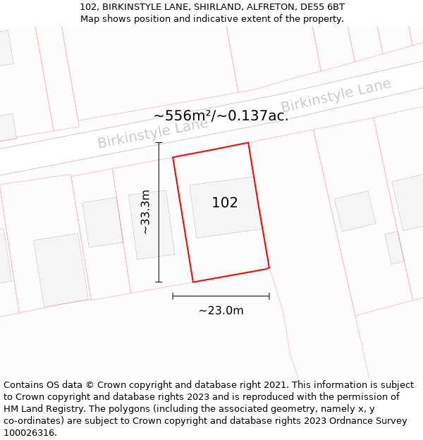 102, BIRKINSTYLE LANE, SHIRLAND, ALFRETON, DE55 6BT: Plot and title map