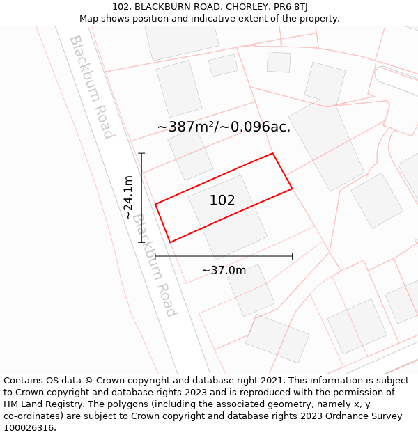 102, BLACKBURN ROAD, CHORLEY, PR6 8TJ: Plot and title map