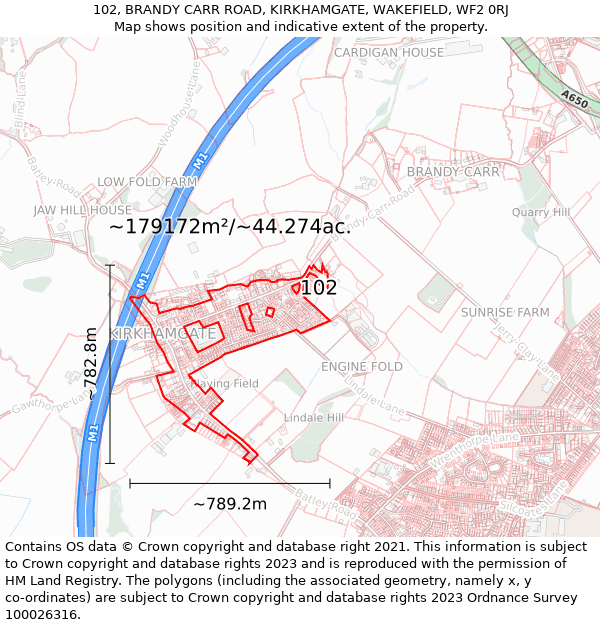 102, BRANDY CARR ROAD, KIRKHAMGATE, WAKEFIELD, WF2 0RJ: Plot and title map