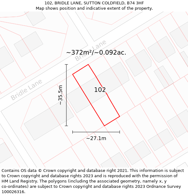 102, BRIDLE LANE, SUTTON COLDFIELD, B74 3HF: Plot and title map