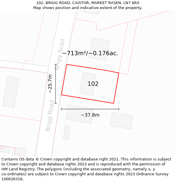 102, BRIGG ROAD, CAISTOR, MARKET RASEN, LN7 6RX: Plot and title map