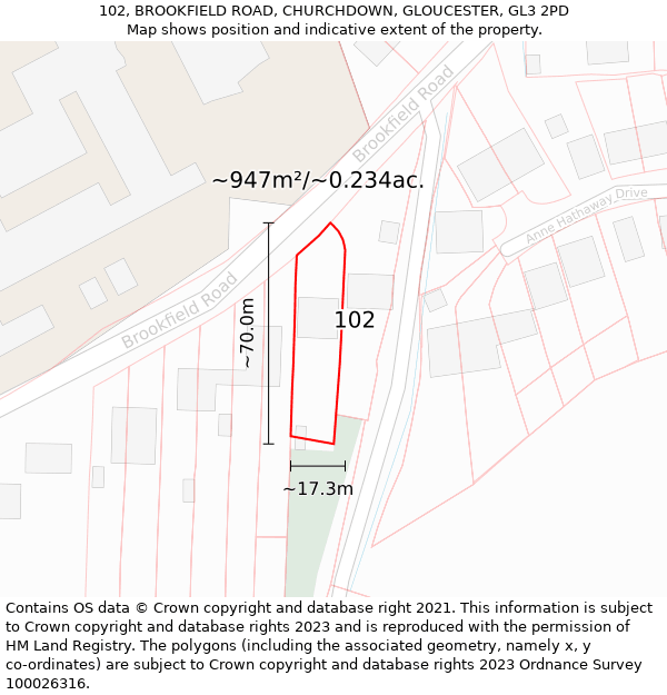 102, BROOKFIELD ROAD, CHURCHDOWN, GLOUCESTER, GL3 2PD: Plot and title map