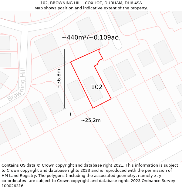 102, BROWNING HILL, COXHOE, DURHAM, DH6 4SA: Plot and title map