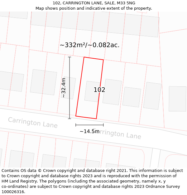 102, CARRINGTON LANE, SALE, M33 5NG: Plot and title map