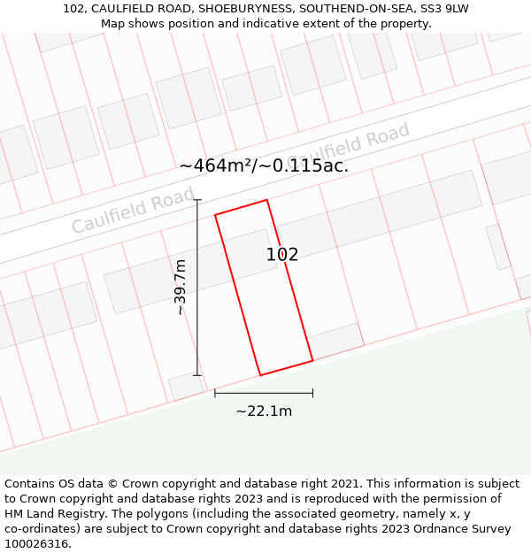 102, CAULFIELD ROAD, SHOEBURYNESS, SOUTHEND-ON-SEA, SS3 9LW: Plot and title map