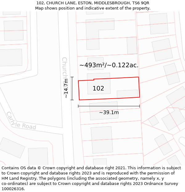 102, CHURCH LANE, ESTON, MIDDLESBROUGH, TS6 9QR: Plot and title map