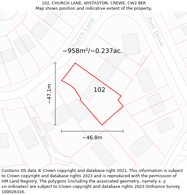 102, CHURCH LANE, WISTASTON, CREWE, CW2 8ER: Plot and title map