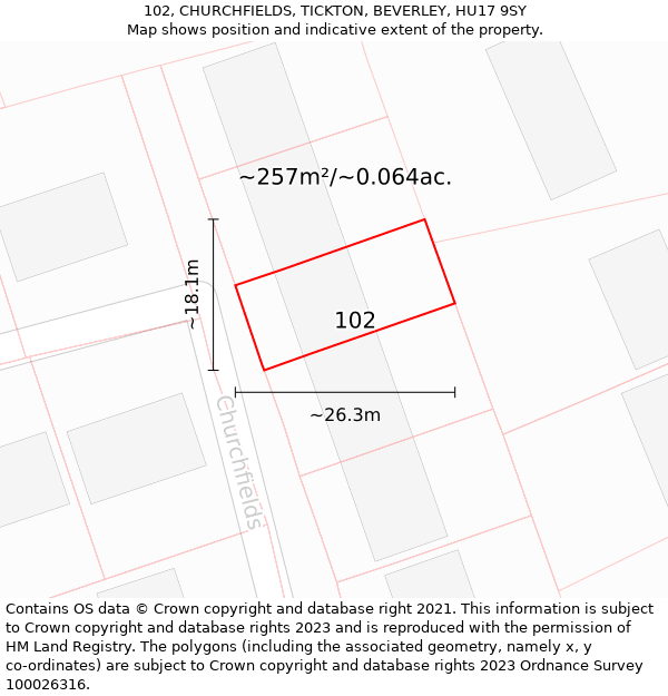 102, CHURCHFIELDS, TICKTON, BEVERLEY, HU17 9SY: Plot and title map