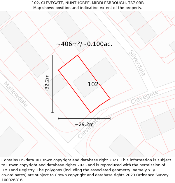 102, CLEVEGATE, NUNTHORPE, MIDDLESBROUGH, TS7 0RB: Plot and title map